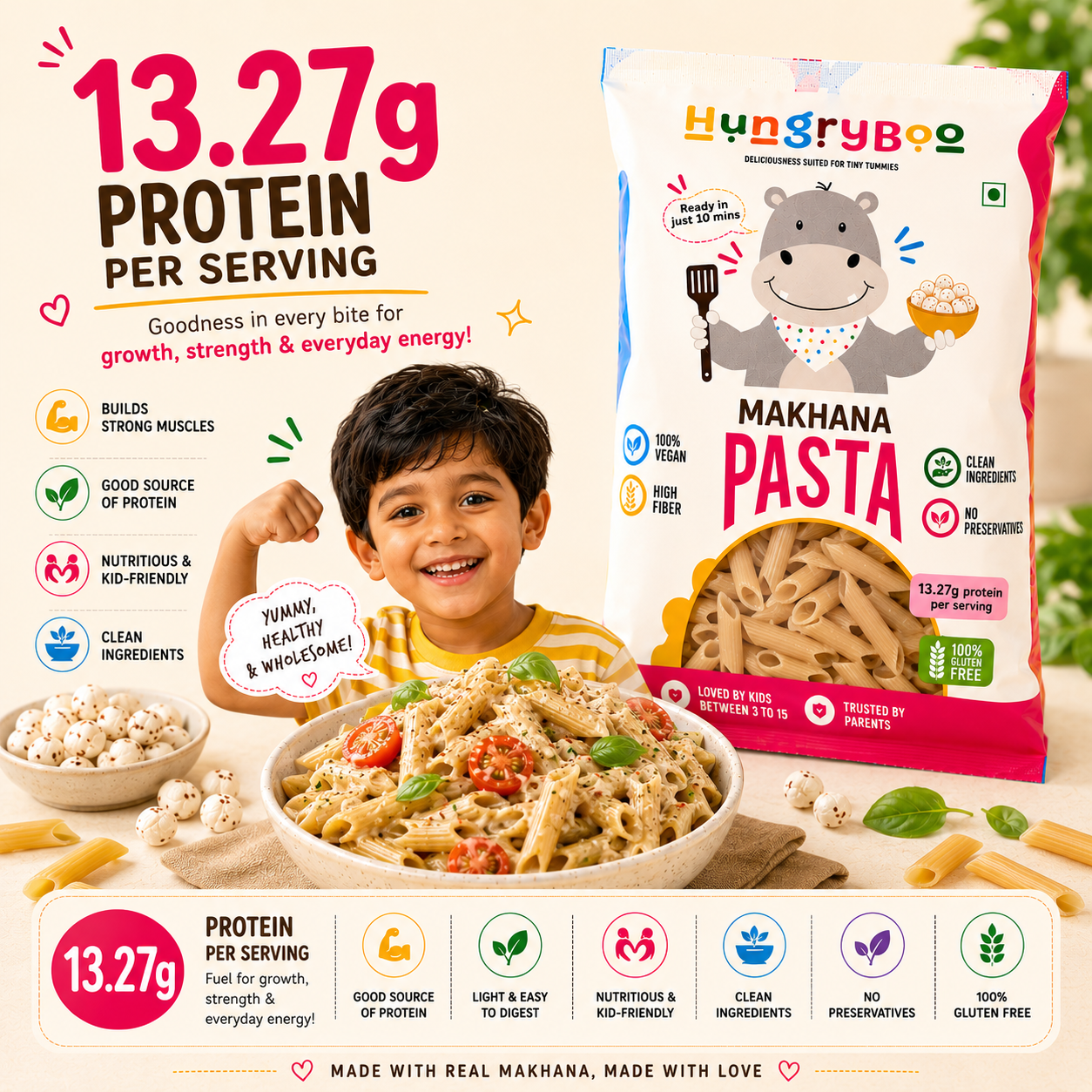 Hungryboo Makhana Pasta & Creamy Tomato Sauce | Healthy Kids Meal Combo, Pack of 2