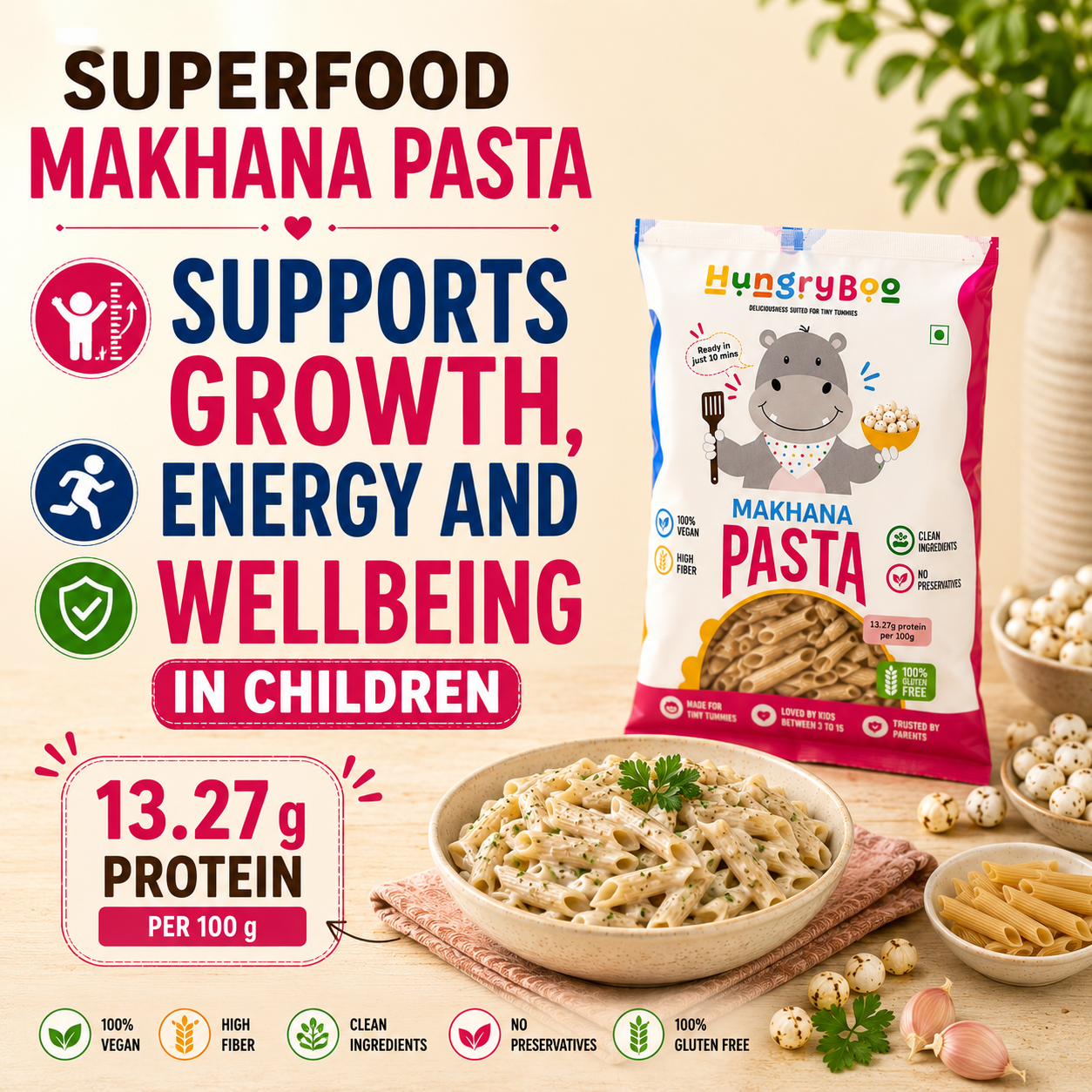 Hungryboo Makhana Pasta & Creamy Tomato Sauce | Healthy Kids Meal Combo, Pack of 2